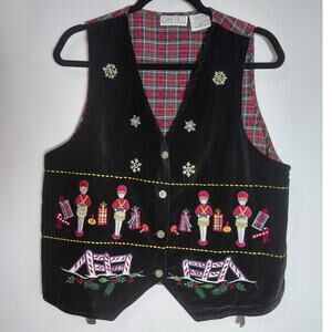 OAK HILL Cotton Embroidered Vest Black Plaid Sleeveless Women Size M